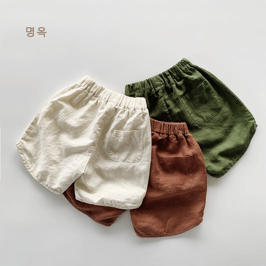 Pantalones cortos de algodón y lino para niños, pantalones finos de cinco puntos para niños de verano, pantalones casuales coreanos para bebés y niñas, ropa para niños 