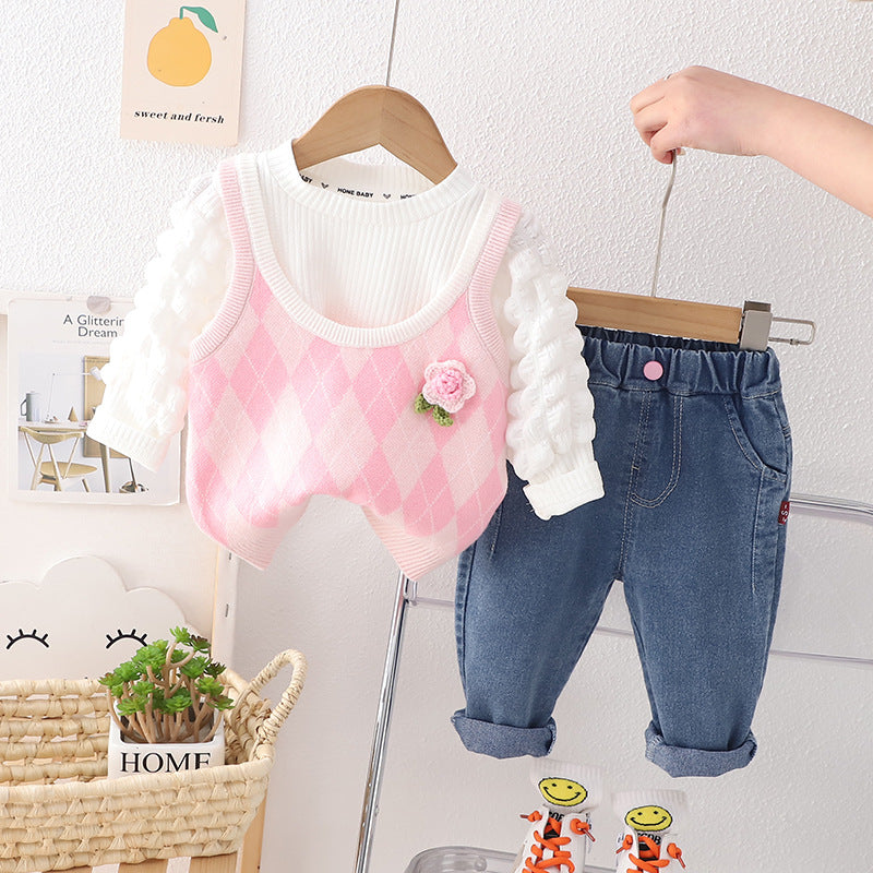 A children's set female flower cute sweet wind candy color sweater vest three-piece set new spring and autumn baby set