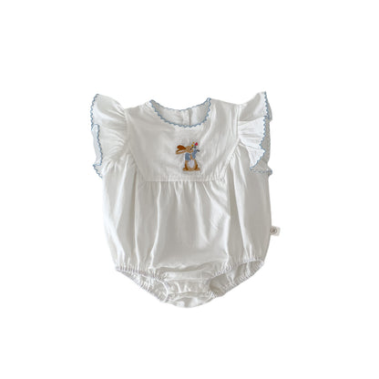 A baby summer new female treasure rabbit embroidery bag fart Ha clothes full moon 100 days clothes flying sleeves princess crawling clothes thin