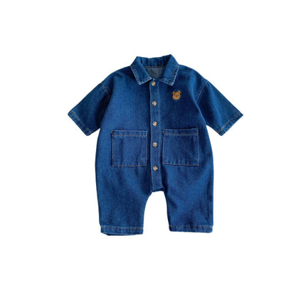 A baby spring and autumn denim jumpsuit for boys and girls, cartoon teddy bear with open buckle, long crawling clothes for newborns