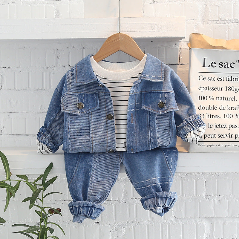 Korean version of spring fashion baby spring jacquard denim cardigan long-sleeved suit tide boy new long-sleeved three-piece set 0.3KG