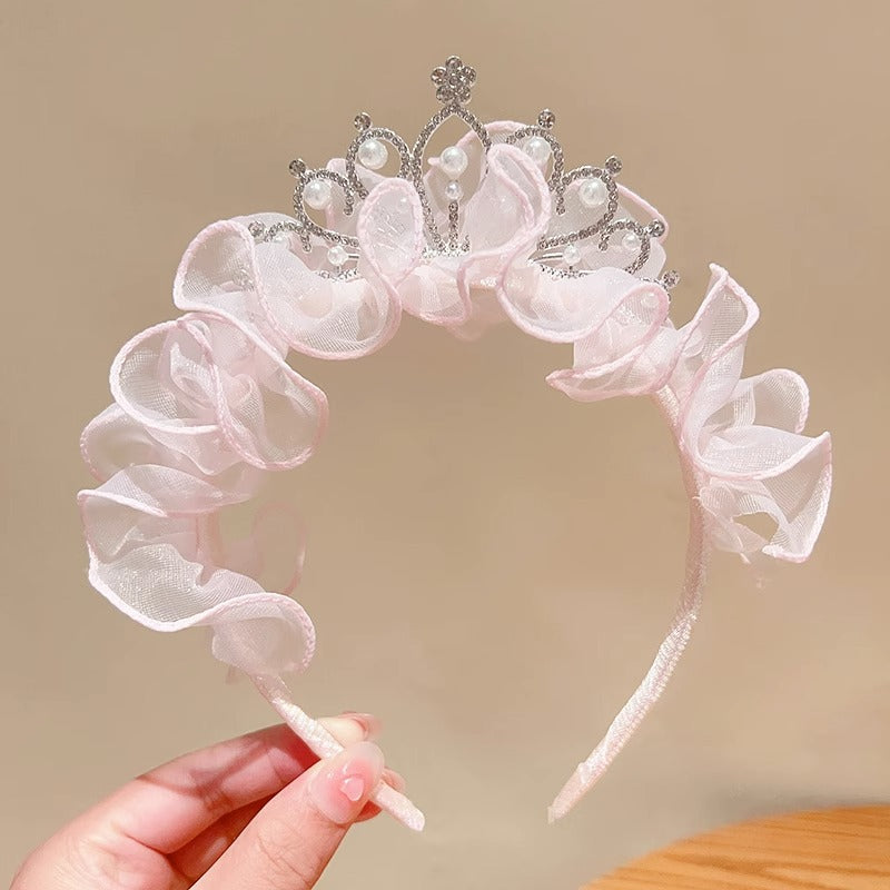 PRICE FOR 10 PIECE Princess temperament Crown tiara little girl gauze bow Pearl hairband pleated lace embroidered headband hairpin (weight:0.05kg)