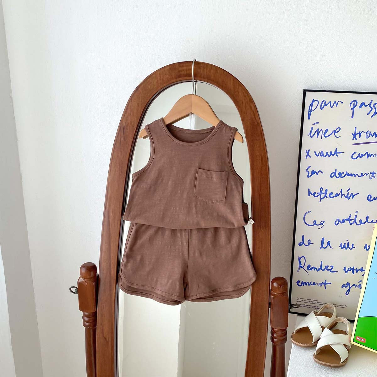 A Children's summer Korean sleeveless vest solid color suit for boys and girls thin cool outing two-piece set of baby clothes