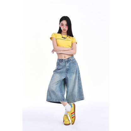 A American retro jeans women's summer new wide-legged straight-leg low-rise slim street trend cropped pants