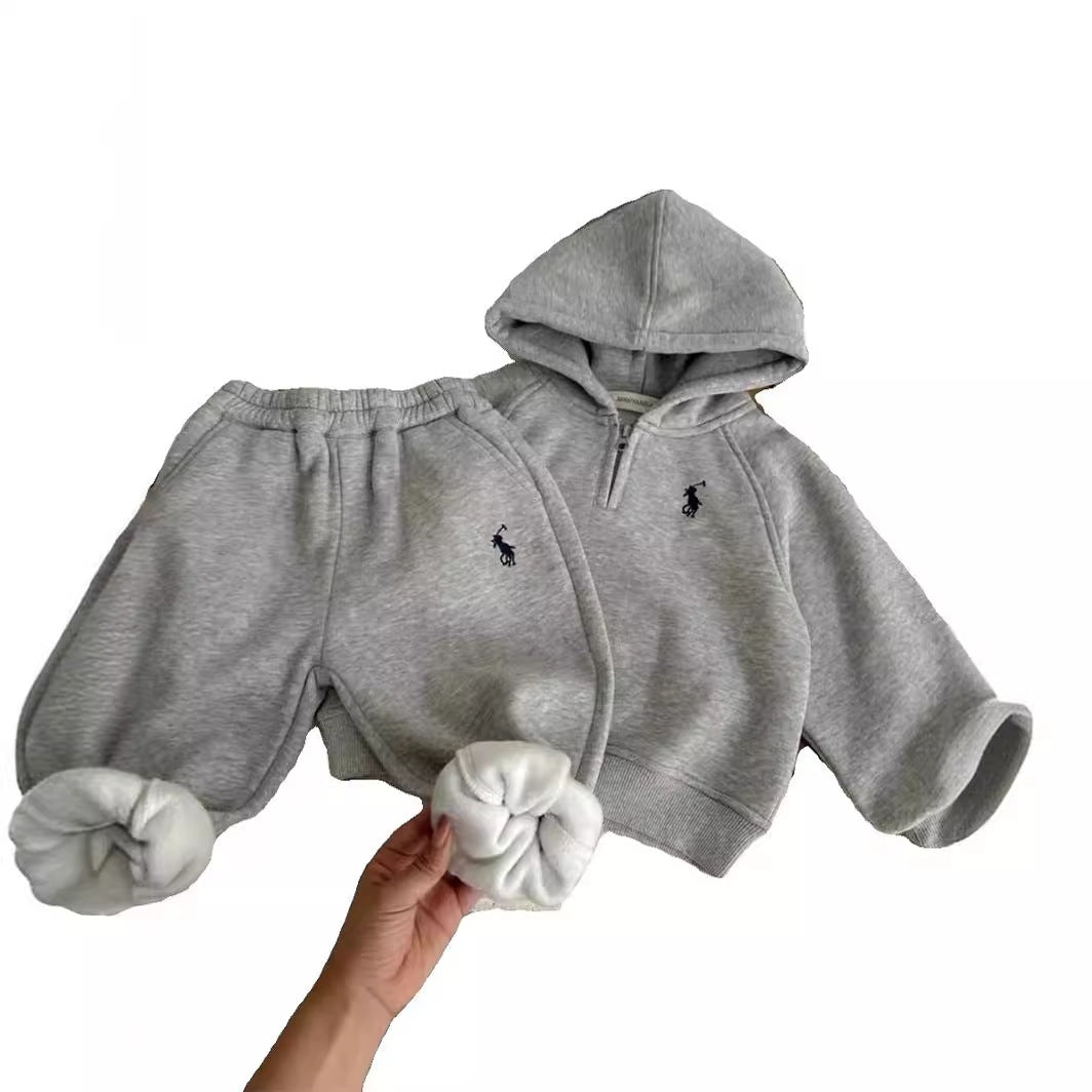 A boys and girls children's suit winter new boys and girls half zipper fleece hooded sweater baby sweatpants two-piece set