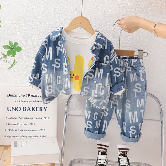 A children's autumn three-piece set manufacturer wholesale boys full of English letters long sleeves fashionable denim jacket trousers