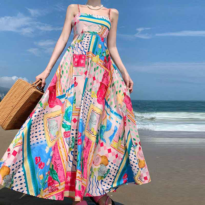 A 2024 AliExpress Summer European and American Women's Clothing New Temperament Elegant High Waist Printed Suspender Casual Fashion Dress