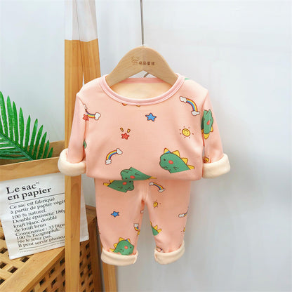 A handsome baby autumn clothes new velvet cartoon warm clothes two-piece set autumn and winter boys and girls suits wholesale