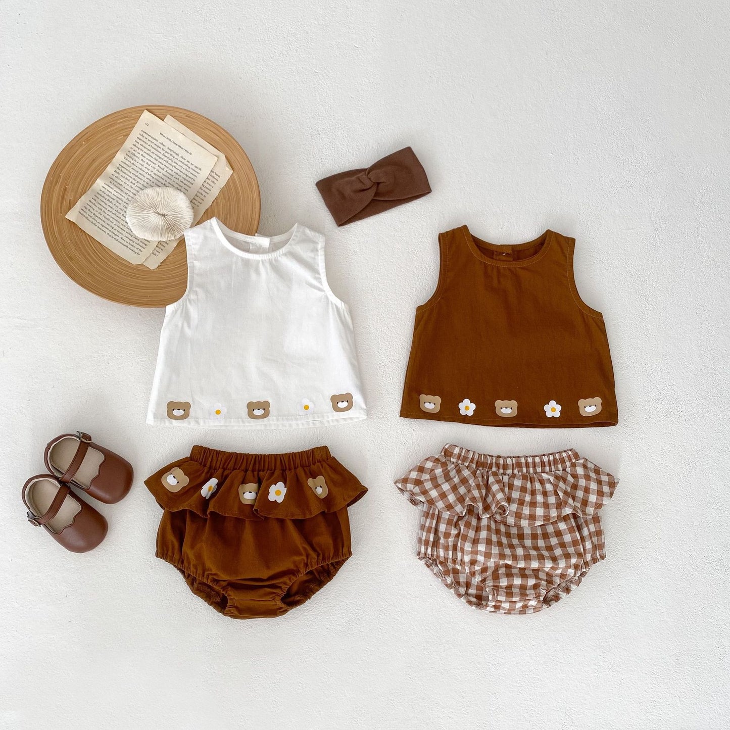 A 2024 summer infant baby bear printed vest top+lotus leaf triangle shorts 2-piece suit