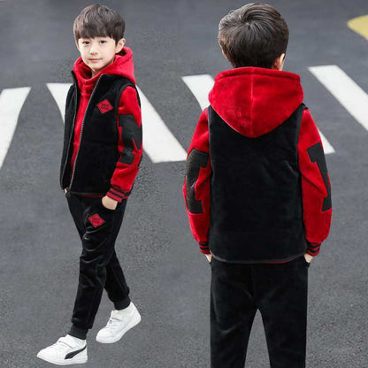 A boys autumn and winter suit new fleece thickened sweater three-piece set medium and older children's Korean version double-sided fleece children's clothing