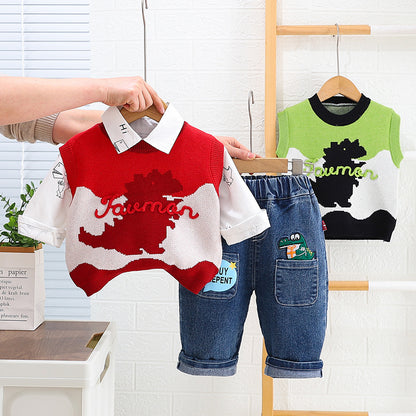 A boys' spring suit foreign baby spring autumn wave dinosaur sweater three -piece set