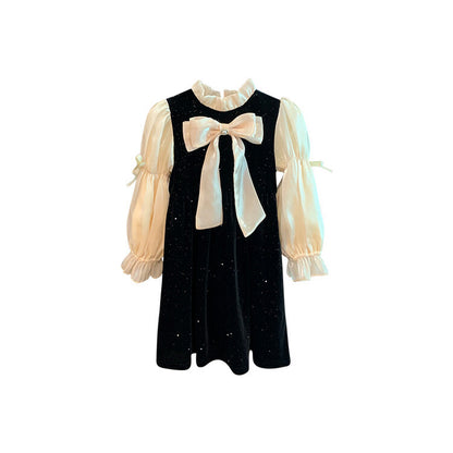 Girls&#039; Spring and Autumn Long Sleeve High-end Dress Western Style Hepburn Small Fragrant Bow Bubble Sleeve Dress Skirt