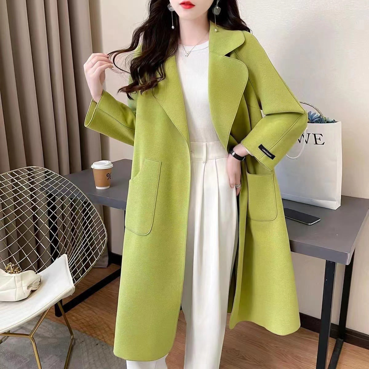 A autumn and winter new double-sided woolen coat women's lace-up medium and long Korean version loose fashion thin coat