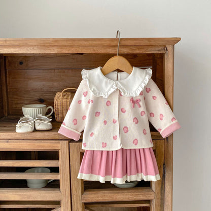 A Autumn baby girl pink leopard print knitted jacket + pink knitted suspender skirt two-piece set