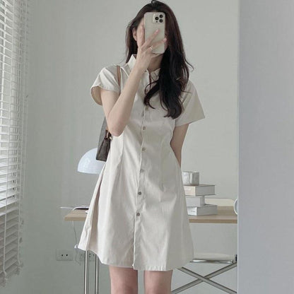 A Korean chic summer simple temperament lapel single-breasted waist thin short-sleeved shirt-style small dress