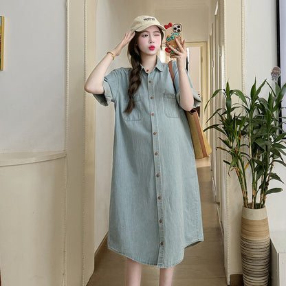 A maternity wear 2024 summer Korean version fashion casual loose denim dress nursing shirt skirt medium and long trendy mother