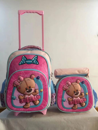 A three piece set of pull rod backpack, student 16 inch PU backpack, pencil case, medium backpack, children's backpack, three wheel square pole