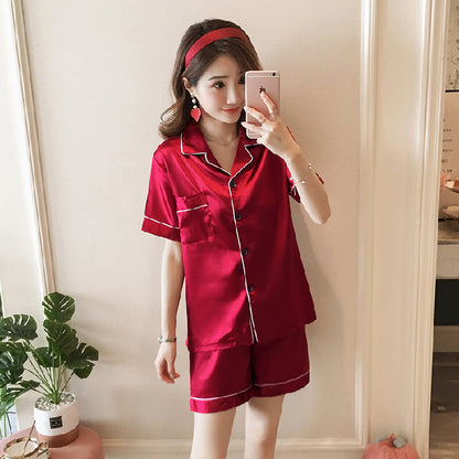 A Trade hot pajamas2024 pajamas women's summer double short imitation silk chest opening 2-piece silk solid color set