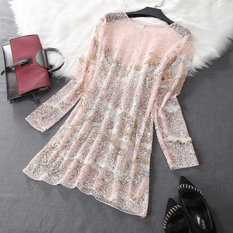 A Spring/Summer 2024 New Fashion Temperament Heavy Industry Embroidery Sequin Dress French Lace Dress