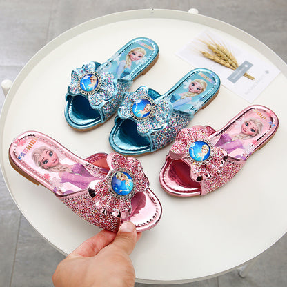 Zapatillas para niños, verano 2023, nuevas niñas, Princesa Elsa, niñas coreanas, zapatos planos para interiores y exteriores con diamantes de imitación. 