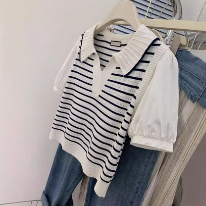 A striped fake two-piece bubble-sleeved polo shirt women's summer design sense niche short-sleeved front shoulder t-shirt small top