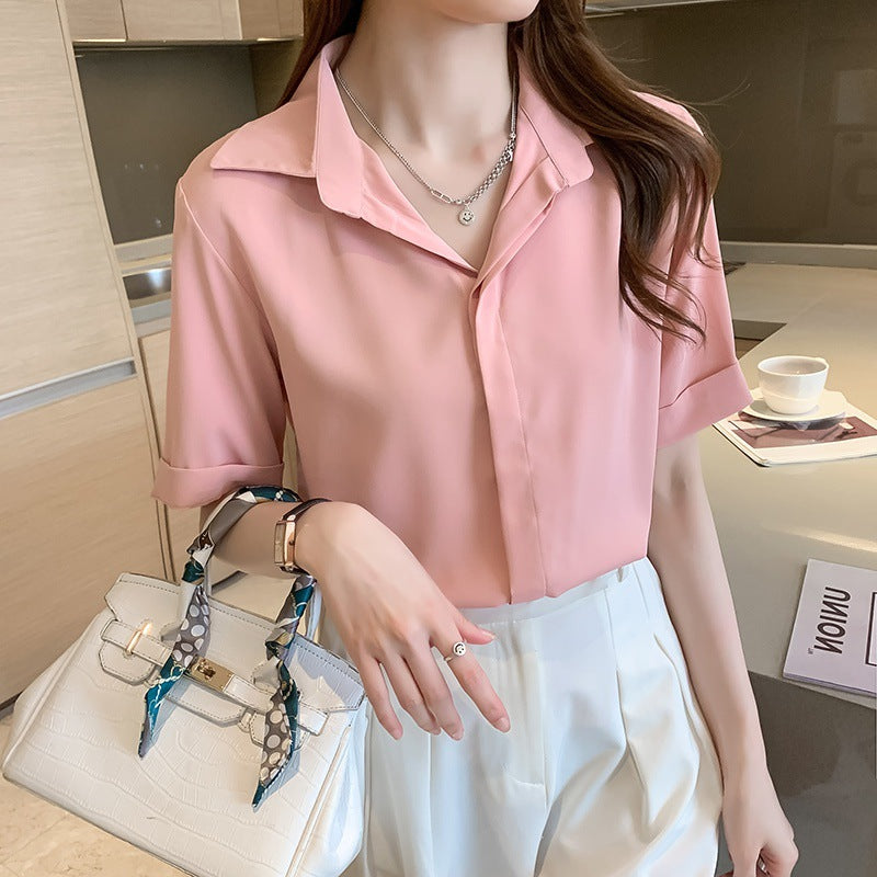 A short-sleeved semi-open neck chiffon shirt women's 2024 Korean version shirt design sense niche loose large size casual top summer