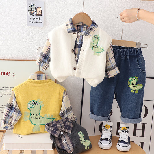 A autumn baby three-piece set manufacturer wholesale boys sweater vest plaid long sleeve primer dinosaur printed trousers