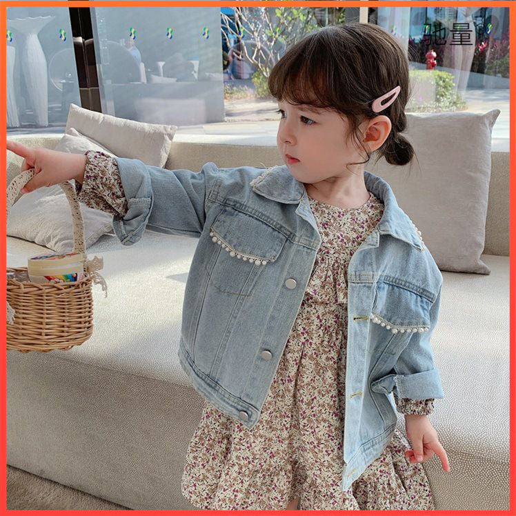 Girls' Spring Wear New Pearl Korean Children's Denim Coat Baby Spring and Autumn Western Style Cardigan Top Trendy 0.55kg