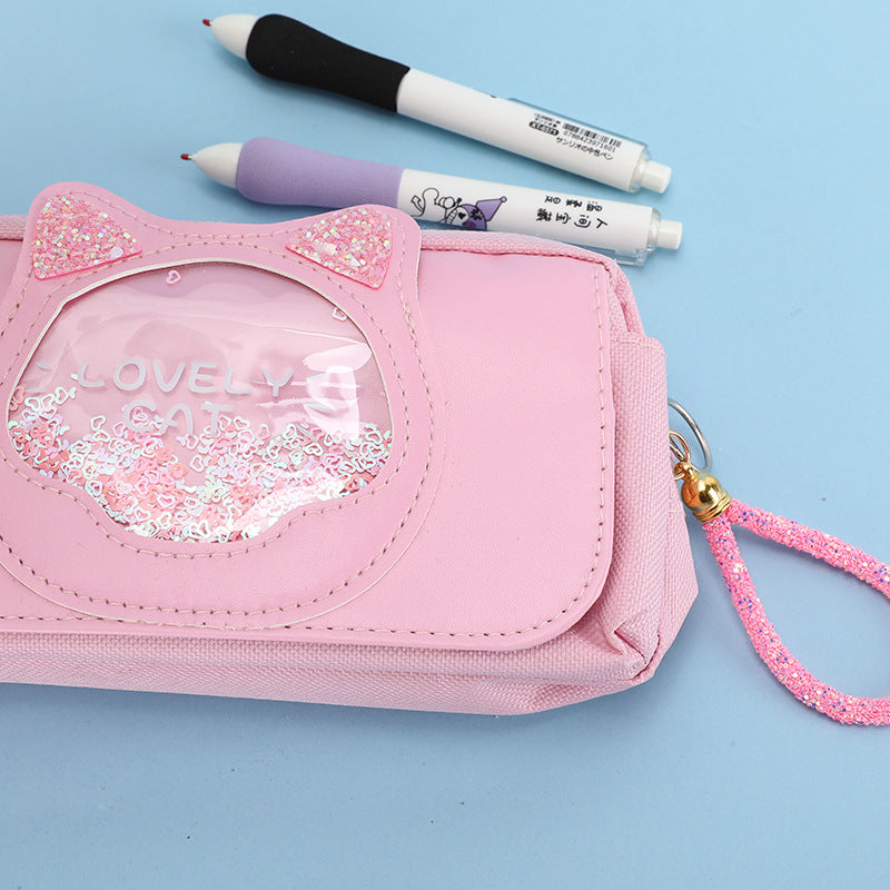 A quicksand cute stationery bag multi-functional stationery box large-capacity pencil case high-value pencil case girl's heart stationery bag