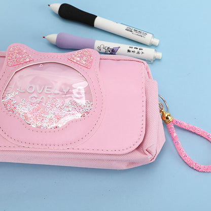 A quicksand cute stationery bag multi-functional stationery box large-capacity pencil case high-value pencil case girl's heart stationery bag