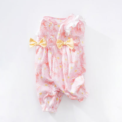 Summer thin baby girl jumpsuit, sweet little flying sleeve baby jumpsuit, bow short sleeved newborn crawling suit, 0.15kg