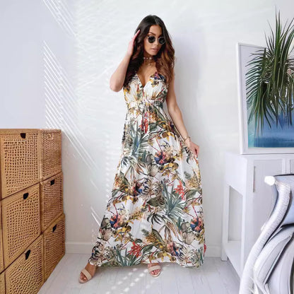 A European and American foreign trade independent station wishes Amazon's popular 2021 summer dress new printed backless strap dress