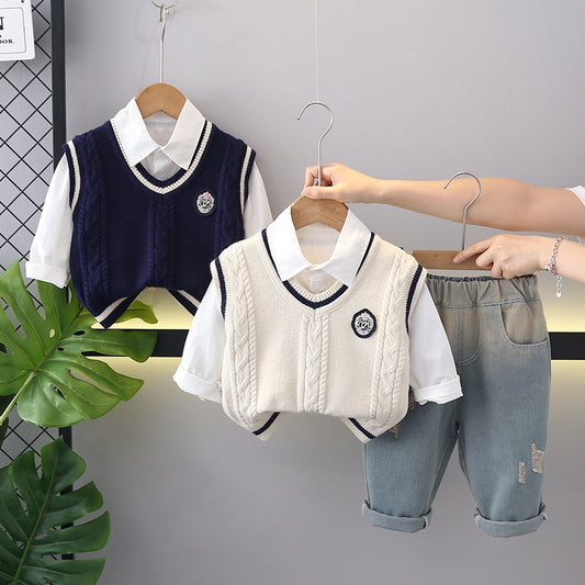 A new boys college style vest casual bottom shirt fashion printed trousers three-piece set source manufacturer wholesale