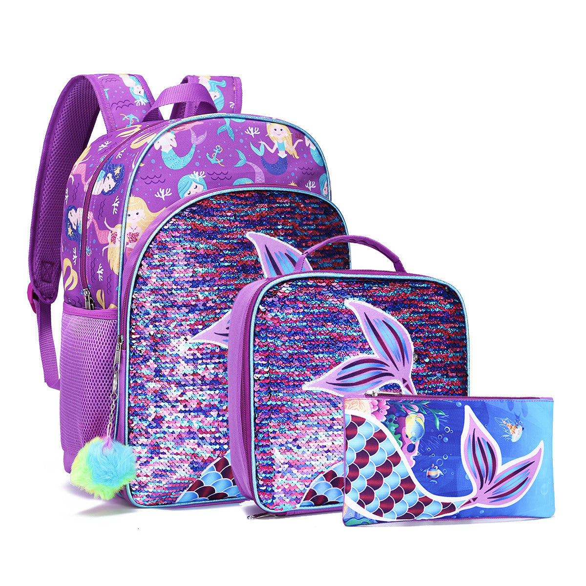 A spot mermaid three piece set for elementary school students, backpack for children, cross-border Amazon backpack