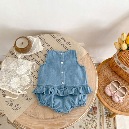 A 2024 Summer Popular Children's Wear Embroidered Soft Denim Cloth Infant and Toddler Girls All Cotton Sweet Sleeveless Set