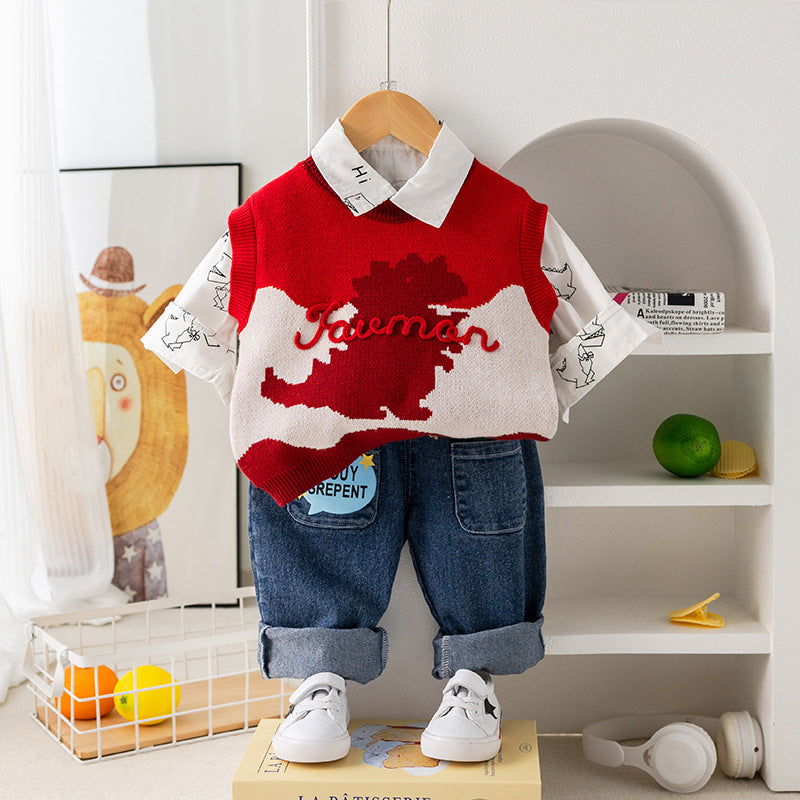 A boys' spring suit foreign baby spring autumn wave dinosaur sweater three -piece set