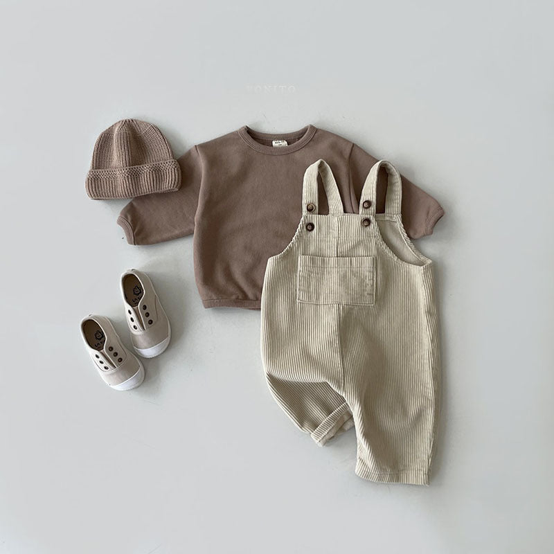 Versión coreana de Instagram de ropa de primavera y otoño para niños, nuevo mono para hombres y mujeres, pantalones casuales de pana de moda para bebés con hombros descubiertos 0,22 kg 