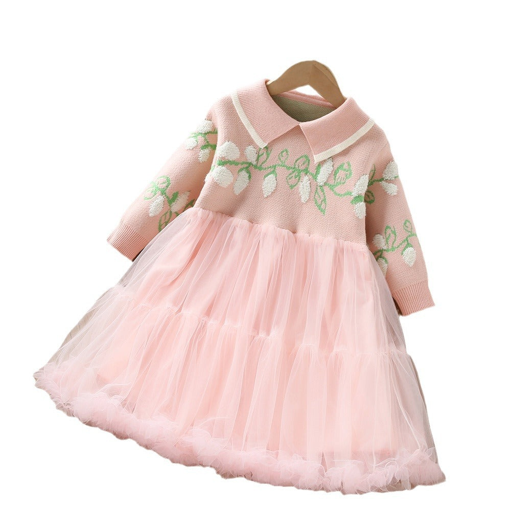 A girls sweater dress autumn and winter new sweet girl flower knitted splicing mesh children's princess dress