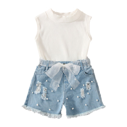 Summer White Cotton Pit Stripe Top, Cowboy Bead Breakout Shorts, Girls' Gauze Belt Three Piece Set, 0.2kg