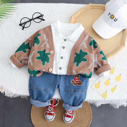 A Casual children's clothing cartoon animal printing cardigan spring and autumn three-piece baby suit manufacturer source wholesale