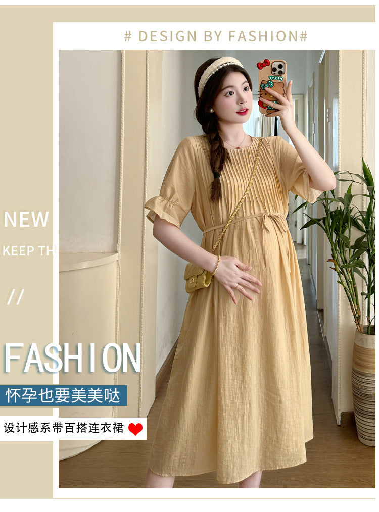 A maternity clothing summer medium and long dress short sleeve pleated gentle loose temperament thin and white maternity Tencel skirt