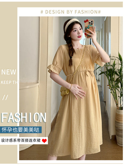 A maternity clothing summer medium and long dress short sleeve pleated gentle loose temperament thin and white maternity Tencel skirt