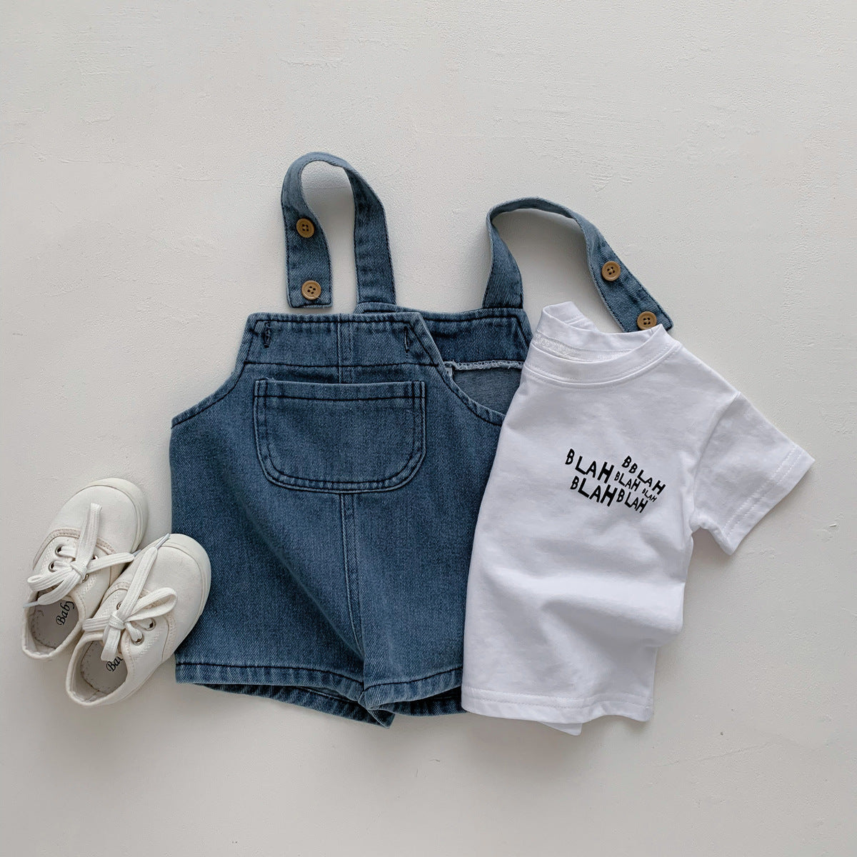 Boys and Girls Korean Spring/Summer New jumpsuit with baby trend denim strap set for children's casual shorts 0.25kg