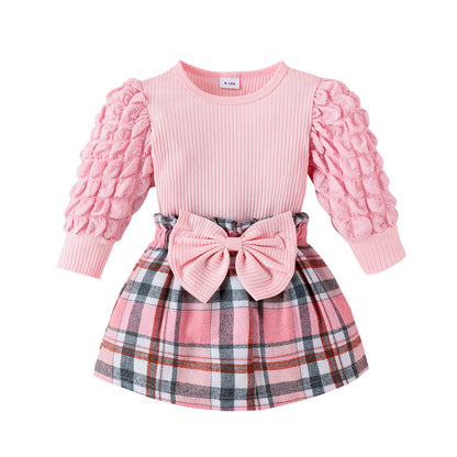 Treasure Salary Children's Clothing Cross border Europe and America Autumn and Winter New Baby and Child Bubble Sleeve Top Checkered Bow Short Skirt Two Piece Set 0.22kg