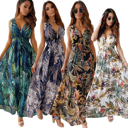 A European and American foreign trade independent station wishes Amazon's popular 2021 summer dress new printed backless strap dress