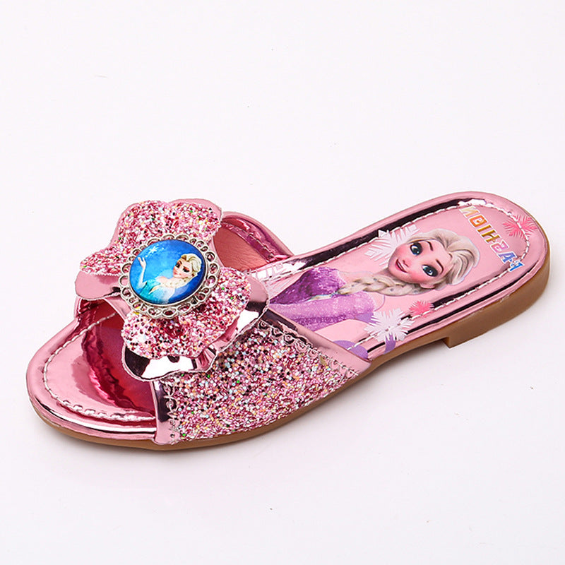 Zapatillas para niños, verano 2023, nuevas niñas, Princesa Elsa, niñas coreanas, zapatos planos para interiores y exteriores con diamantes de imitación. 