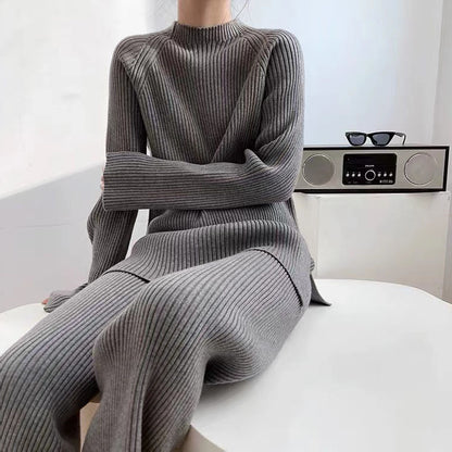 A cross-border new lazy style elegant solid color casual temperament split knitted sweater wide-leg pants two-piece set women