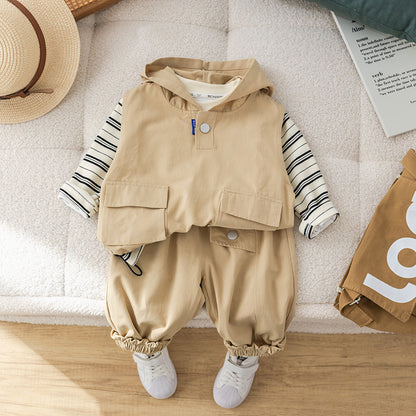 A autumn new boys lapel shirt long-sleeved three-piece boy's tooling trousers striped vest set