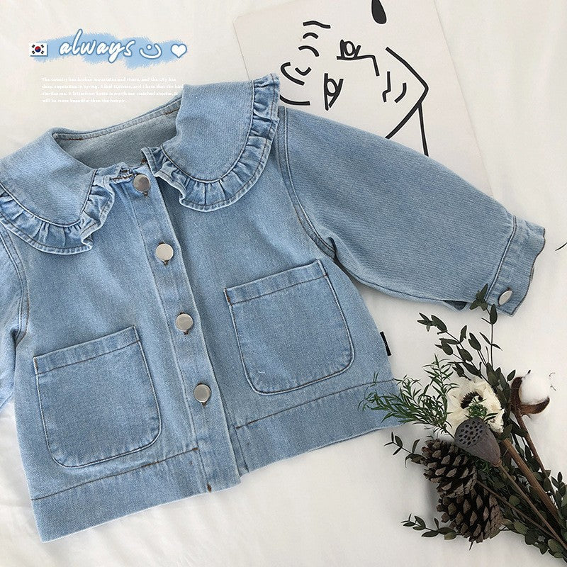 Girls' denim jacket spring outfit new children's long sleeved lace lapel short casual top 0.2kg