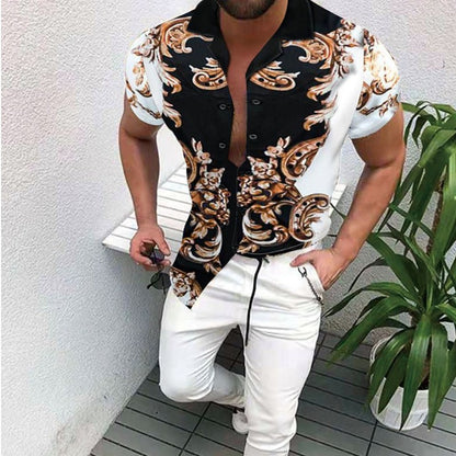 A 2023 Cross border Factory Direct Sales Summer New Ethnic Style Men's Short sleeved Shirts Ethnic Printed Cardigan Top